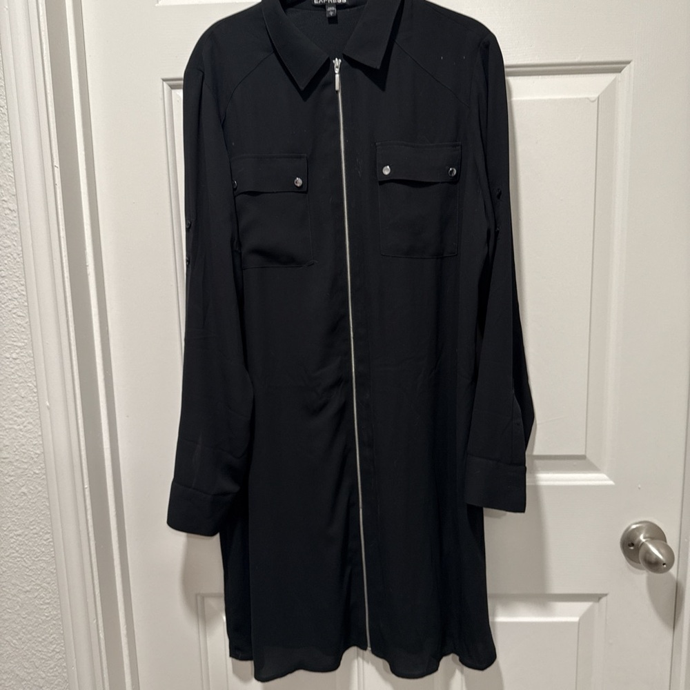 Express Black Long Sleeve Notched Collar Shirt Dress